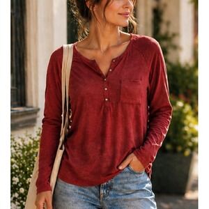 NWT Prana Women Hensley Henley Organic Top Size Small Red Minimalist Lightweight